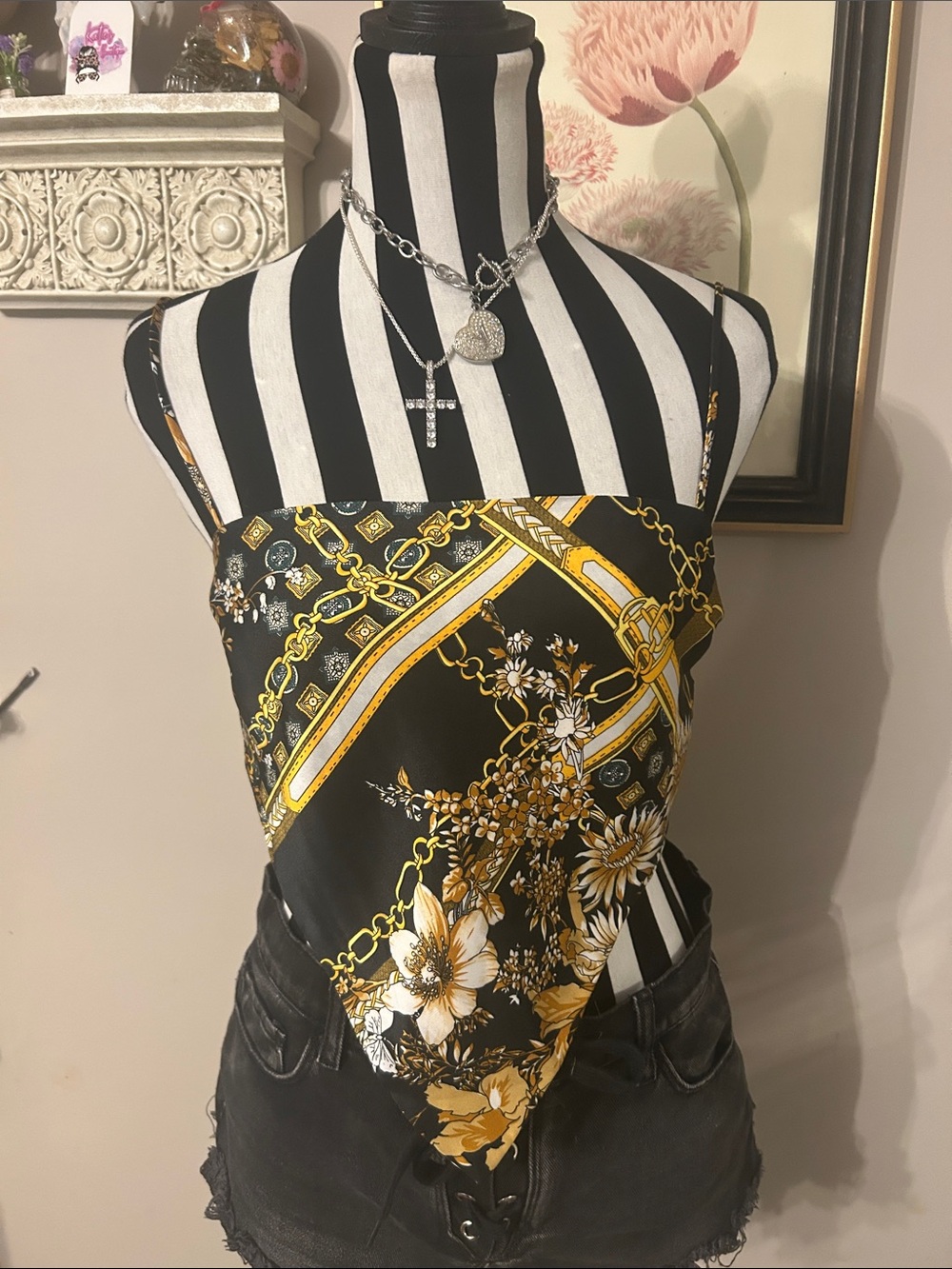 Princess Polly Black & Gold Floral Bandana Crop Top